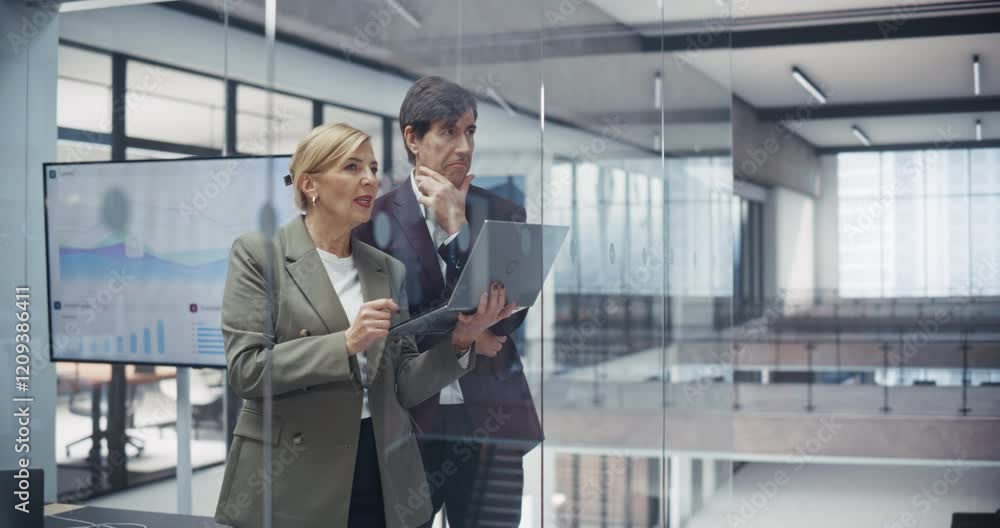 Aufkleber two middle aged managers discussing project challenges in modern office, standing behind a glass wal