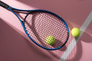 Racket and balls on a pink tennis court