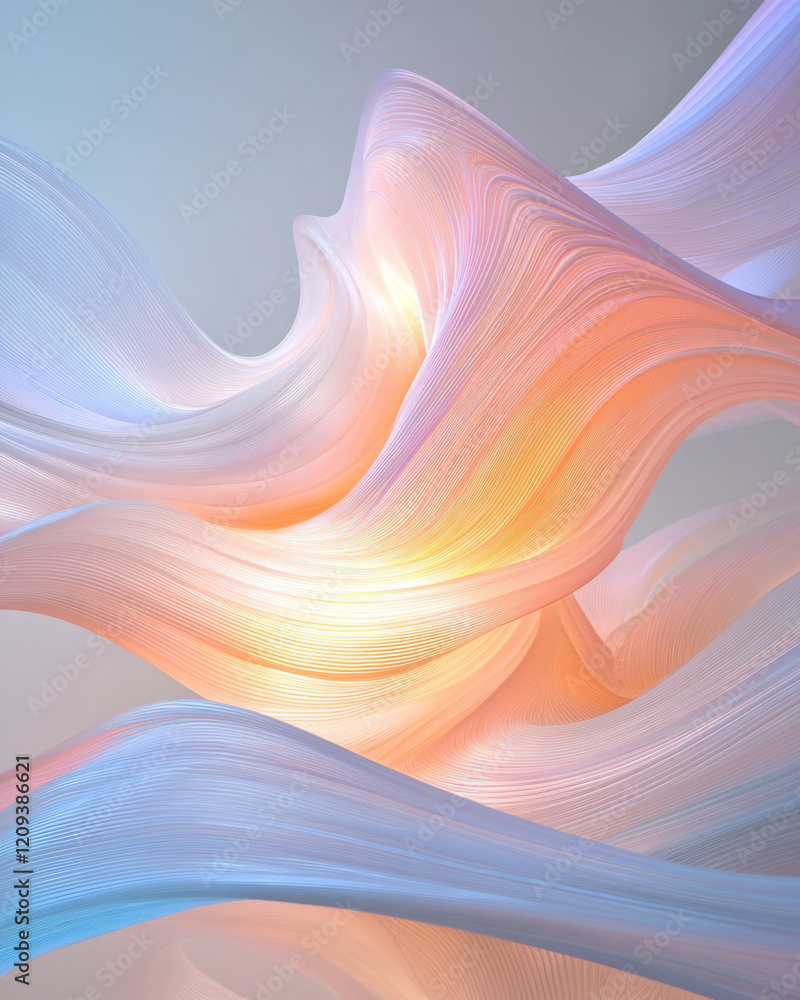 Poster a serene abstract glass structure with interwoven intricate lines and soft, diffused lighting, evoki