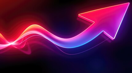 Neon glowing arrow, vibrant pink to blue gradient, wavy energy line, dark background, futuristic, dynamic, abstract, digital art, 3D rendering, glowing effects, motion blur, sleek design, upward 