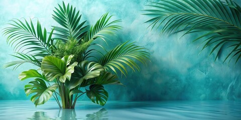 Lush Tropical Foliage Reflecting in Tranquil Teal Water Against a Textured Background