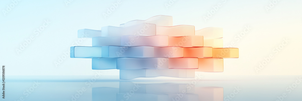 Poster a minimalist glass structure with complex, interwoven patterns and subtle color variations, creating