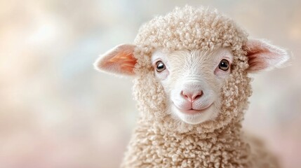Obraz premium Cute lamb, spring pasture, soft focus background, farm animal portrait, ideal for greeting cards