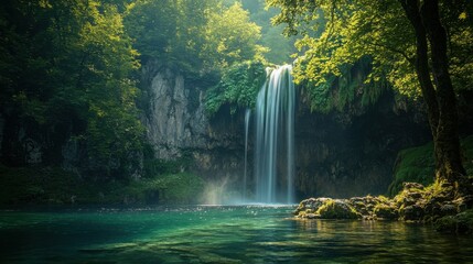 Breathtaking waterfall cascading into serene pool surrounded by lush greenery.