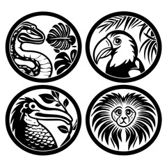Obraz premium Set of flat vector illustrations. Forest animals, bear mouse hare elk deer hedgehog fox squirrel raccoon beaver lynx owl mushrooms, fall leaves