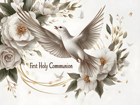 Purple flowers framing first holy communion greeting - Powered by Adobe