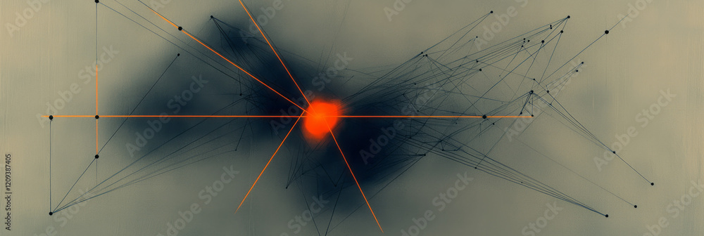 Poster an intricate abstract network with black nodes connected by thin, glowing geometric lines on a dark 