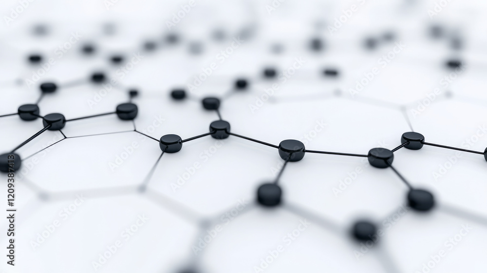 Poster a sophisticated geometric network with black hexagonal nodes linked by elegant lines, placed on a cl