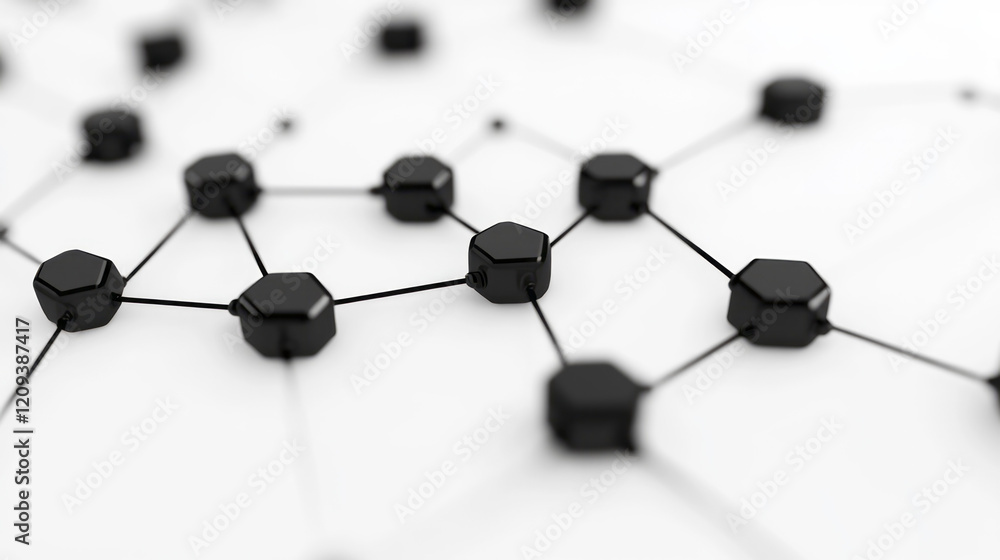 Poster a sophisticated geometric network with black hexagonal nodes linked by elegant lines, placed on a cl