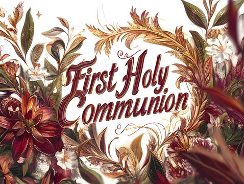 Purple flowers framing first holy communion greeting