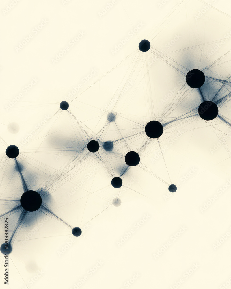 Poster a detailed 2d geometric network design with black nodes and intricate polygonal connections, emphasi