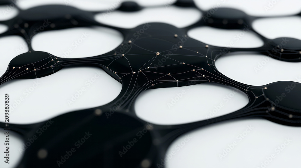 Poster a contemporary abstract network with black circular nodes and angular geometric patterns, highlighte