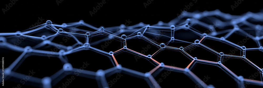 Poster a sleek geometric network with black hexagonal nodes and luminous connecting lines, set against a fu