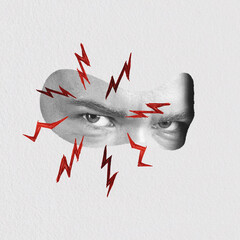 Abstract collage illustration of angry person eyes with red lightnings. Grunge and noise effect applied. Retro vintage style