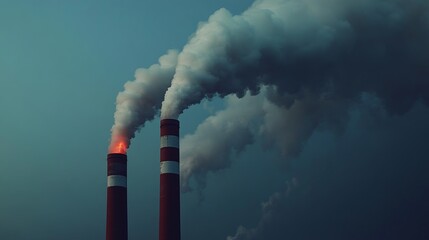 Two tall smokestacks release dense clouds of smoke into a dimly lit sky during twilight. The image highlights environmental concerns related to industrial activity and air quality
