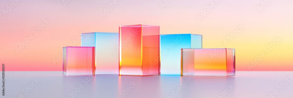 Poster an artistic depiction of transparent 3d glass cubes arranged in a grid pattern, floating seamlessly 