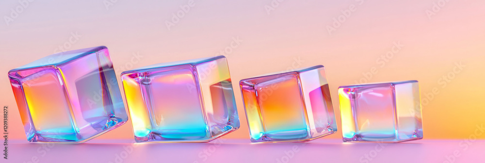 Poster an artistic depiction of transparent 3d glass cubes arranged in a grid pattern, floating seamlessly 