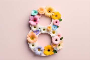 The number 8 made of flowers, a spring holiday number, on March 8, World Women's Day.