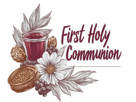 Purple flowers framing first holy communion greeting