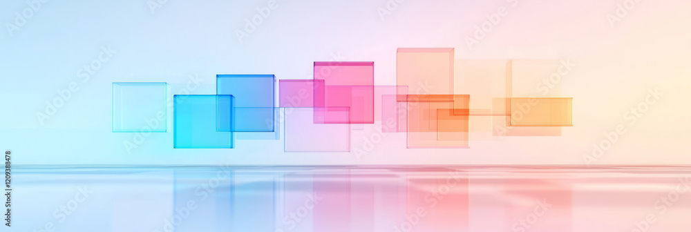 Poster a clean and modern design with monochromatic 3d glass cubes hovering against a soft gradient sky tra