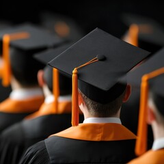 A group of graduates wearing black caps and gowns with orange accents, celebrating their academic achievement during a graduation ceremony.