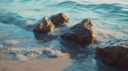 Fototapeta premium Calm ocean waves gently wash over beach rocks under serene sunlight.