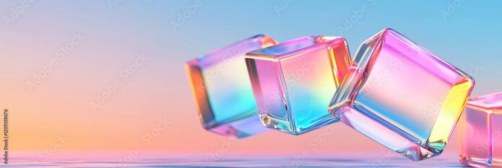 Poster a futuristic abstract scene with 3d glass cubes embedded with neon lights, floating against a vibran