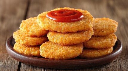  "Crispy Chicken Nuggets with Ketchup on Wooden Table: A Tempting Dark Background Delight"