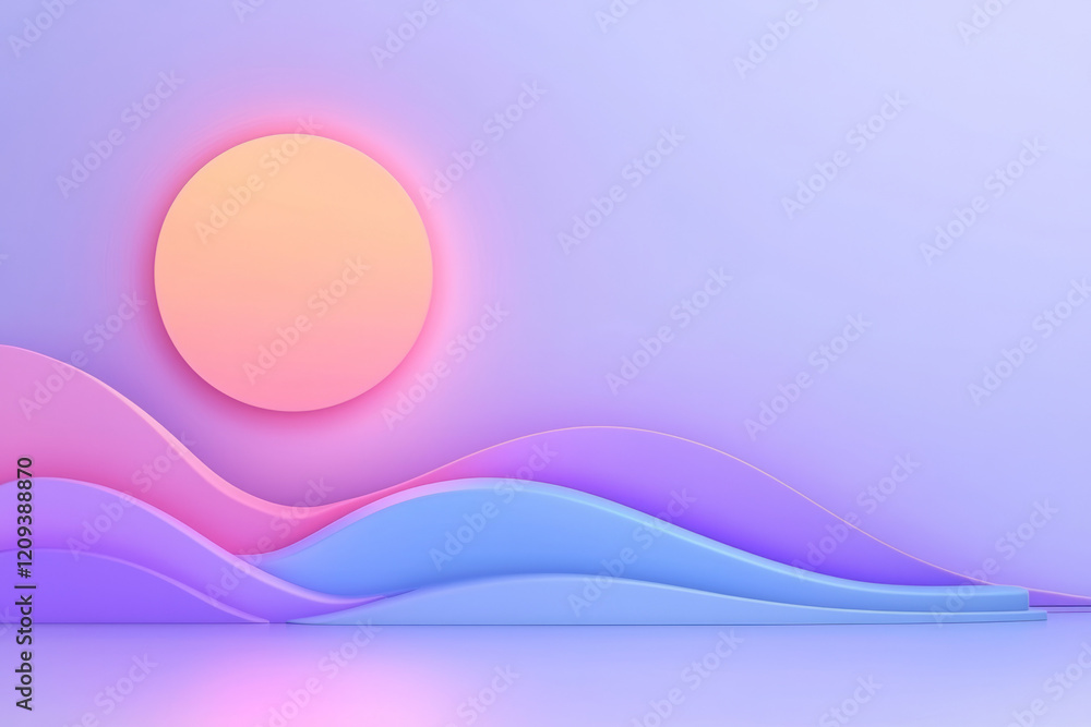 Poster a tranquil abstract composition of soft pink and deep purple 3d waves gently rolling across a minima