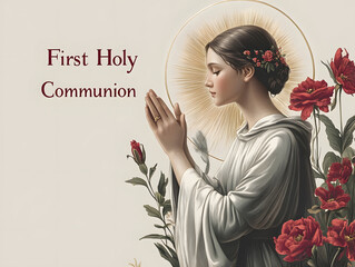Purple flowers framing first holy communion greeting