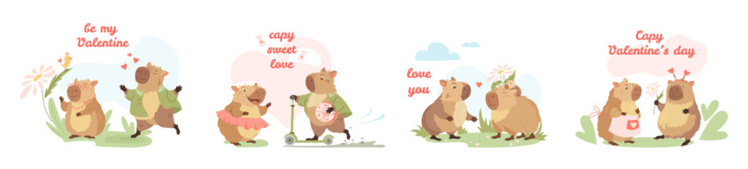 Set of funny capybaras compositions. Happy exotic animals, cute biggest rodents, different poses and emotions Valentines love day. Flat vector design elements for card, packaging, fabrics, flyers