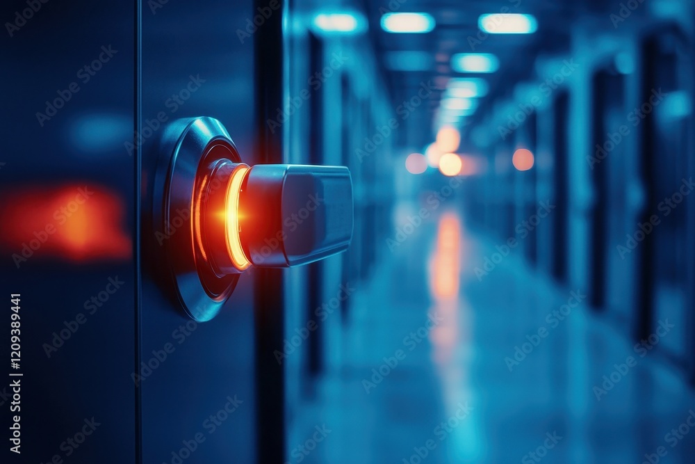 Poster a close-up of a glowing lock on a data storage unit, with a blurred corridor of similar units in the