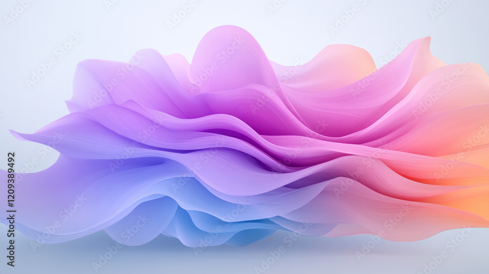Poster a dynamic abstract design featuring layered pink and purple 3d waves with a sense of motion and dept