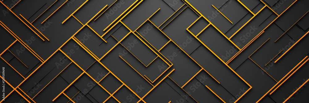 Poster a dynamic abstract geometric pattern with bold yellow lines forming an intricate network on a sleek 
