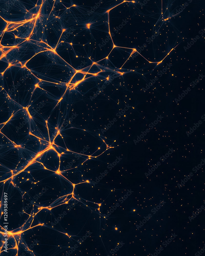 Poster a futuristic abstract composition of a geometric network with glowing yellow lines branching out ove