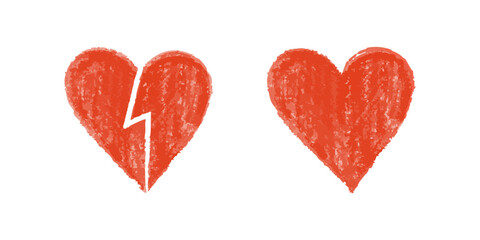 Broken and whole red crayon hearts on white background in textured style