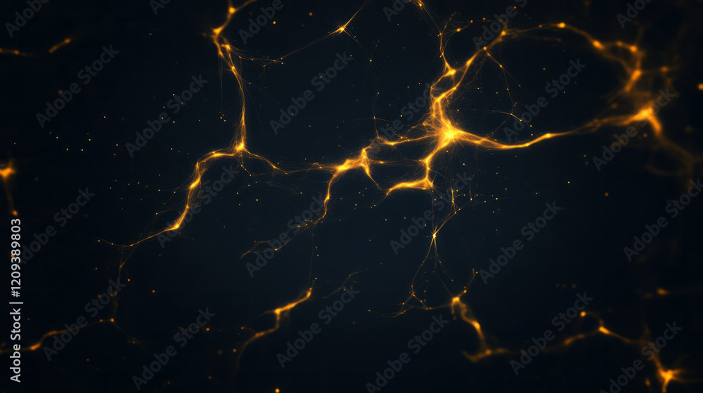 Poster an intricate abstract geometric web of yellow lines creating a complex network on a smooth black bac