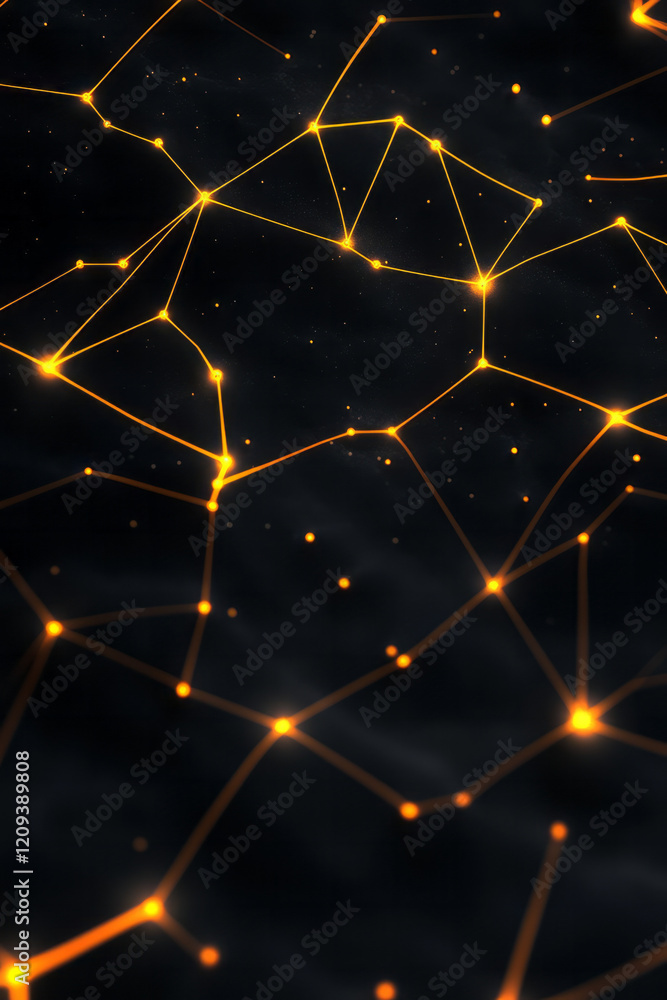 Poster a sophisticated abstract geometric network with thin yellow lines connecting multiple nodes on a glo
