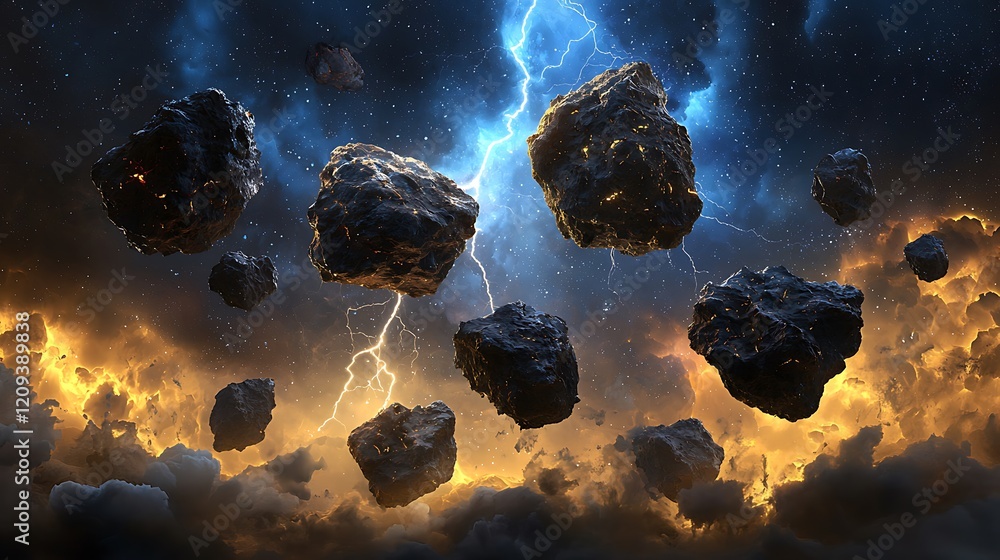 Poster arcing lightning amid enormous floating boulders in an otherworldly setting