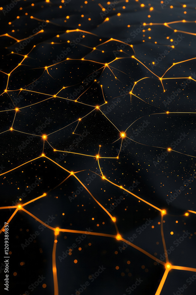 Poster a sophisticated abstract geometric network with thin yellow lines connecting multiple nodes on a glo