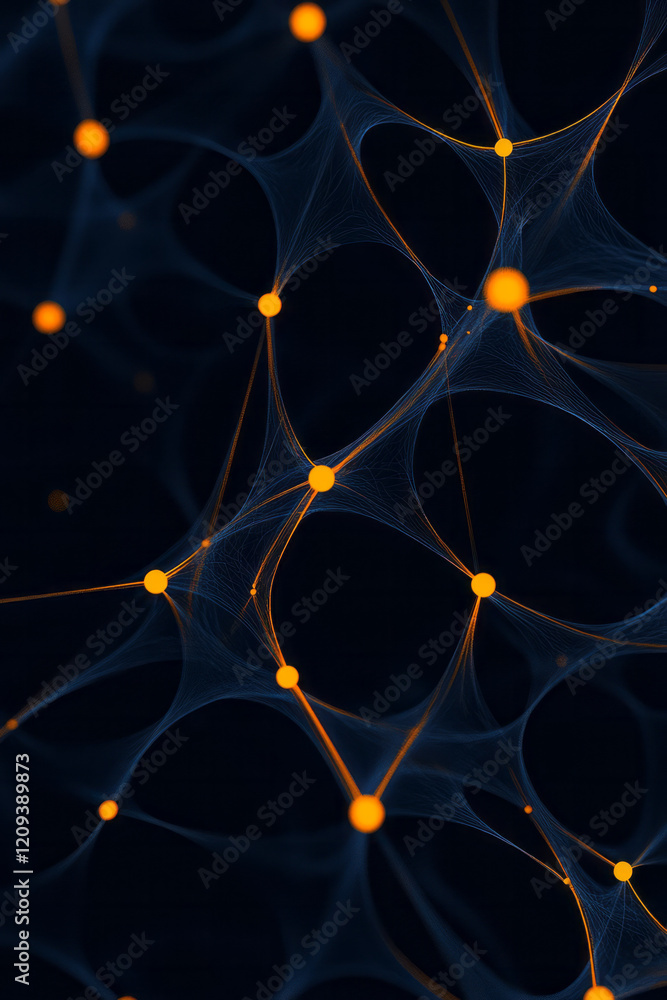 Poster a sophisticated abstract geometric network with thin yellow lines connecting multiple nodes on a glo