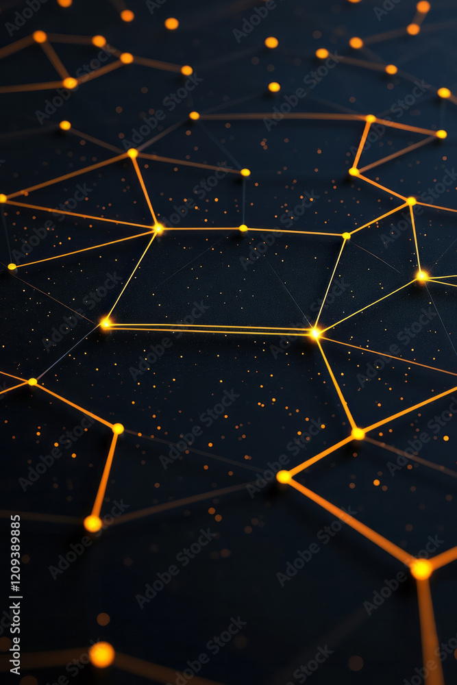 Poster a sophisticated abstract geometric network with thin yellow lines connecting multiple nodes on a glo
