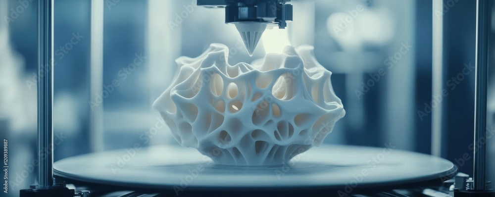 Poster a 3d printer creating a complex object layer by layer, its precise movements bringing a digital desi