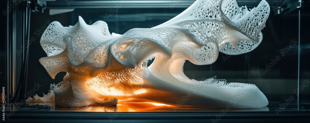 Poster a 3d printer creating a complex object layer by layer, its precise movements bringing a digital desi