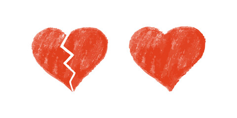 Broken and whole red crayon hearts on white background in textured style