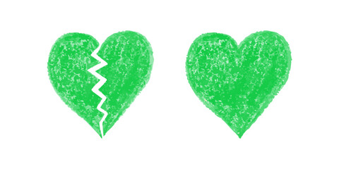 Broken and whole green crayon hearts on white background in textured style
