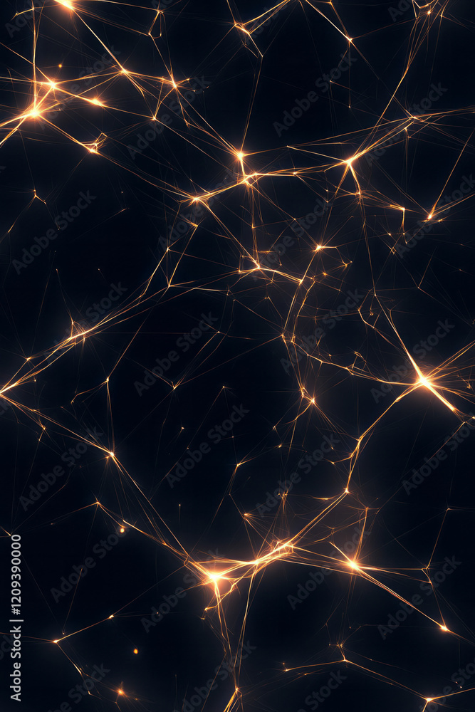 Poster an artistic abstract geometric network with radiant yellow lines intertwining on a deep black backgr