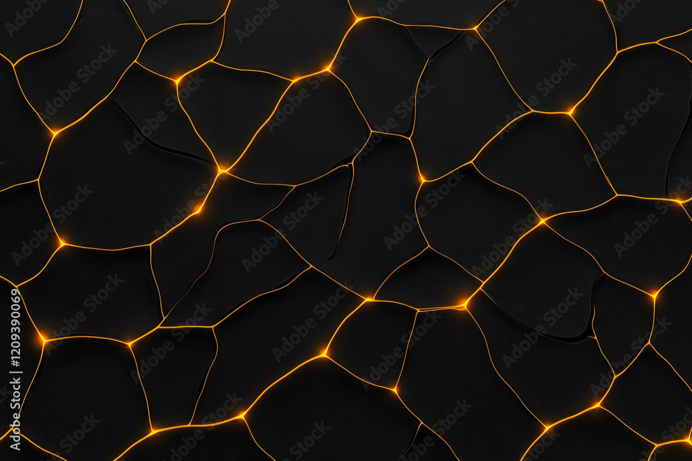 Poster a bold abstract geometric pattern with thick yellow lines forming a dense network on a matte black b