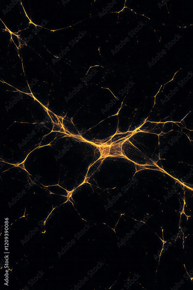 Poster an artistic abstract geometric network with radiant yellow lines intertwining on a deep black backgr