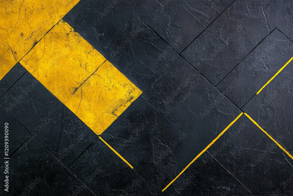 Poster a bold abstract geometric pattern with thick yellow lines forming a dense network on a matte black b